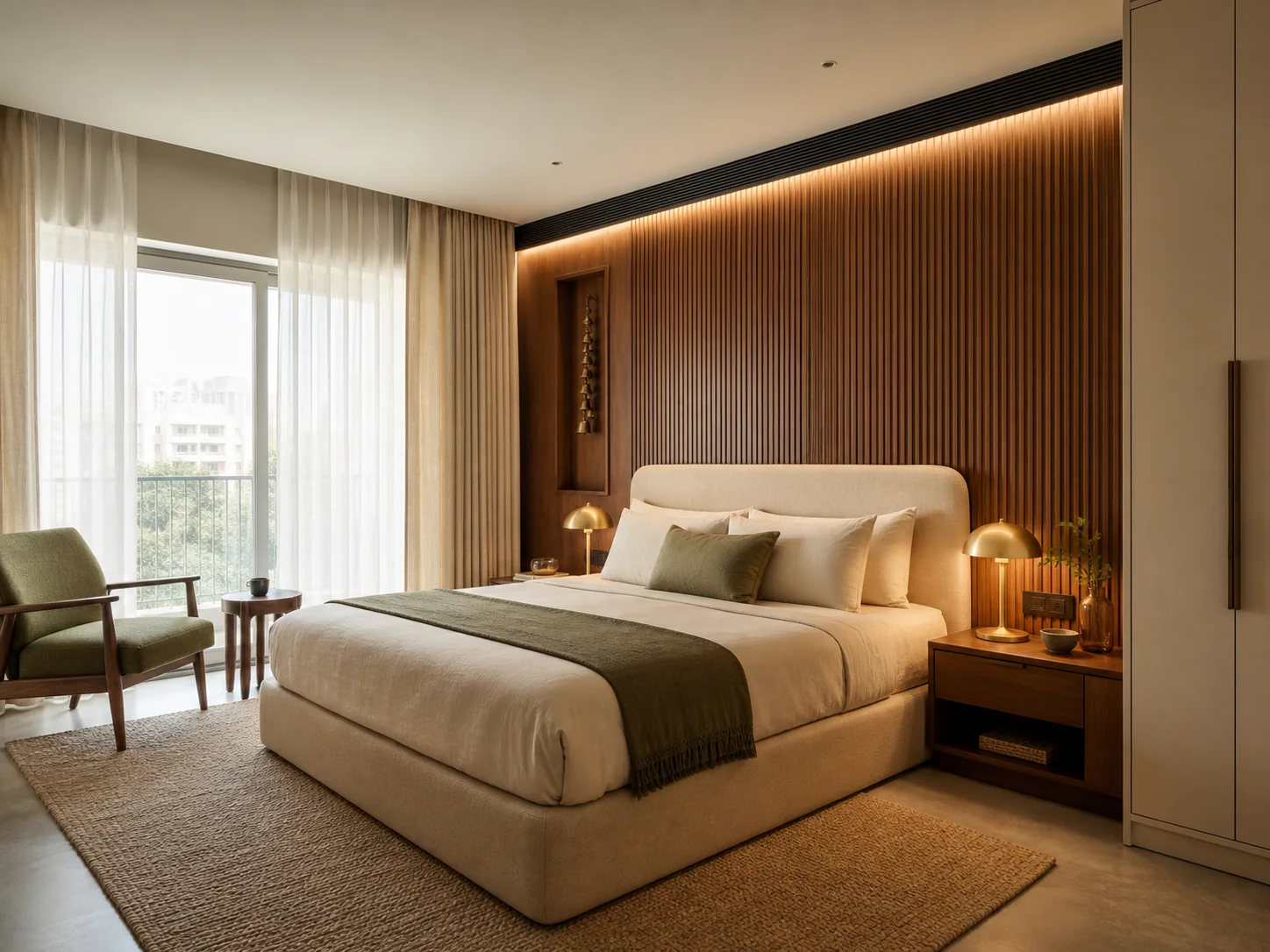 Serene bedroom with custom walnut joinery